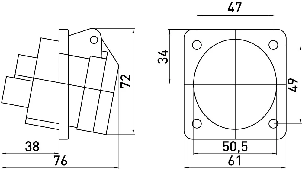 Силова розетка, що вбудовується e.socket.pro.3.16.wall, 3п., 230В, 16А (413) - габаритні розміри