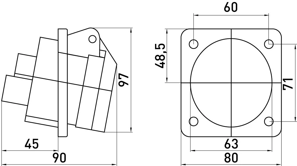 Силова розетка, що вбудовується e.socket.pro.3.32.wall, 3п., 230В, 32А (423) - габаритні розміри