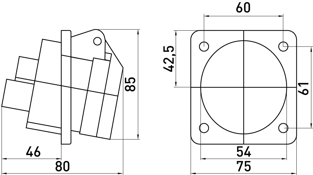 Силова розетка, що вбудовується e.socket.pro.4.16.wall, 4п., 380В, 16А (414) - габаритні розміри