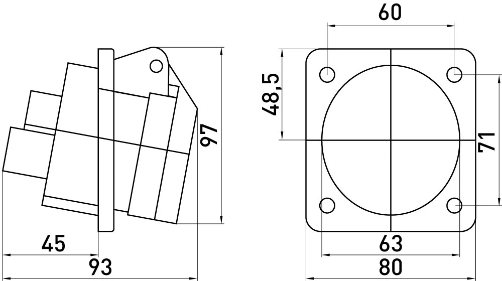 Силова розетка, що вбудовується e.socket.pro.4.32.wall, 4п., 380В, 32А (424) - габаритні розміри