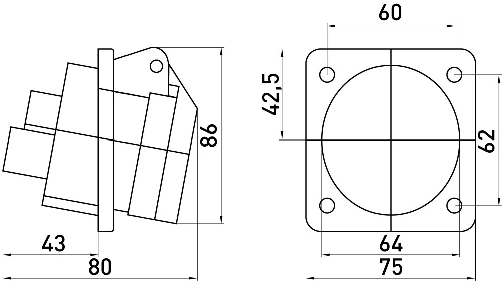Силова розетка, що вбудовується e.socket.pro.5.16.wall, 5п., 380В, 16А (415) - габаритні розміри