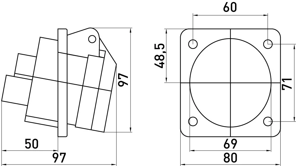 Силова розетка, що вбудовується e.socket.pro.5.32.wall, 5п., 380В, 32А (425) - габаритні розміри