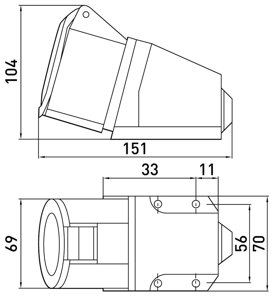 Силова розетка стаціонарна e.socket.pro.5.32, 5п., 380В, 32А (125) - габаритні розміри