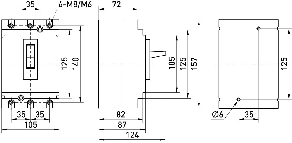 Силовий автоматичний вимикач e.industrial.ukm.100R.63 з регулюванням, 3р, 63А - габаритні розміри