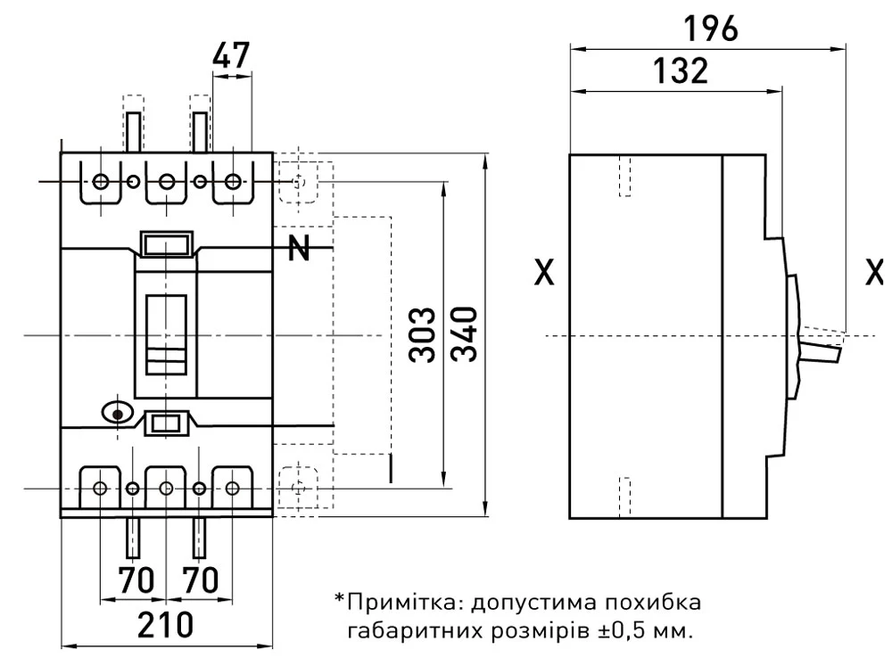 Силовий автоматичний вимикач e.industrial.ukm.1250Re.1250 з електронним розчіплювачем, 3р, 1250А - габаритні розміри