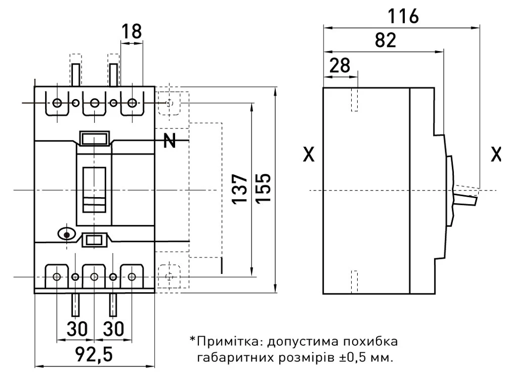 Силовий автоматичний вимикач e.industrial.ukm.125Re.100 з електронним розчіплювачем, 3р, 100А - габаритні розміри