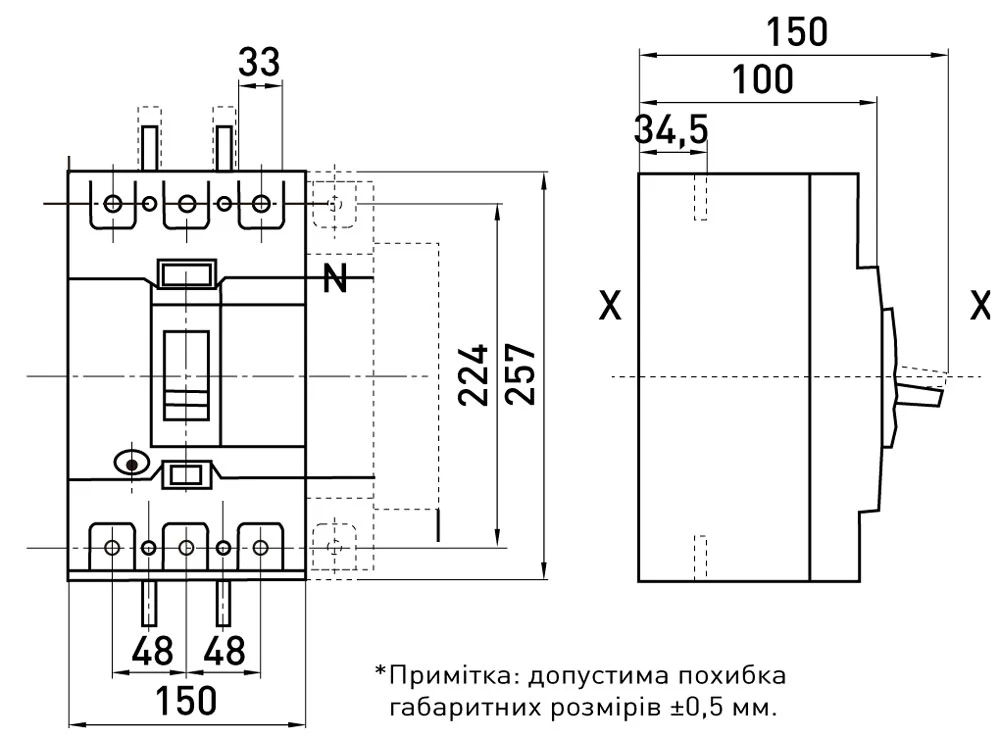 Силовий автоматичний вимикач e.industrial.ukm.400Re.320 з електронним розчіплювачем, 3р, 320А - габаритні розміри