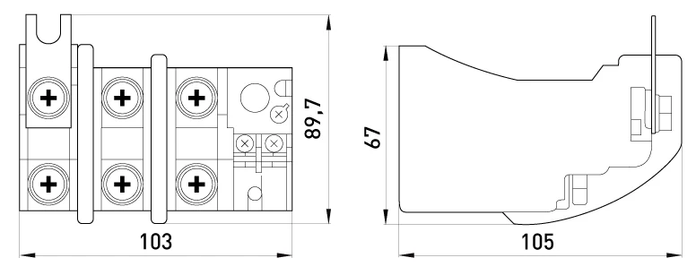 Теплове реле e.industrial.ukh.125.85.125, номін. струм 150А, діап. регул. 85-125 А - габаритні розміри