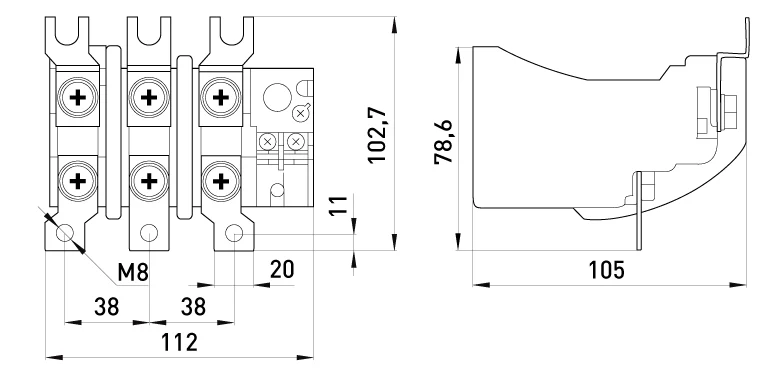 Теплове реле e.industrial.ukh.150.100.150, номін. струм 150А, діап. регул. 100-150 А - габаритні розміри