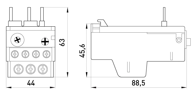 Теплове реле e.industrial.ukh.22.9, номін. струм 22А, діап. регул. 6-9 А - габаритні розміри