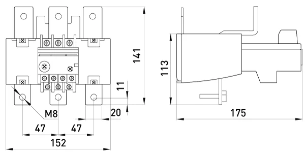 Теплове реле e.industrial.ukh.220.160.240, номін. струм 220А, діап. регул. 160-240 А - габаритні розміри