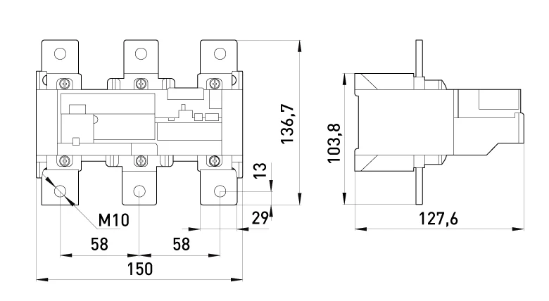 Теплове реле e.industrial.ukh.630.380.630, номін. струм 630А, діап. регул. 380-630 А - габаритні розміри