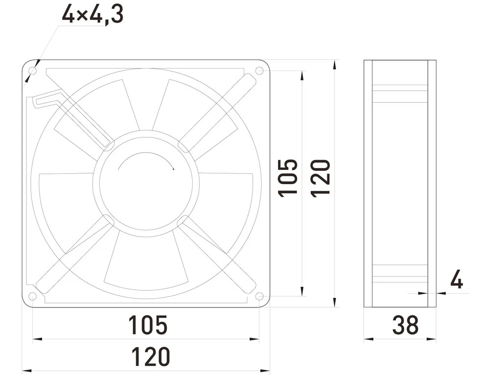 Вентилятор e.climat.fan.pro.120, 120х120х38мм 22Вт АС230В - габаритні розміри