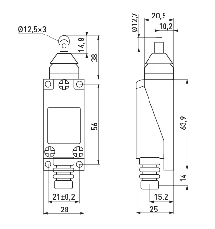 Вимикач кінцевий e.limitswitch.05 штовхач з горизонтальним роликом - габаритні розміри